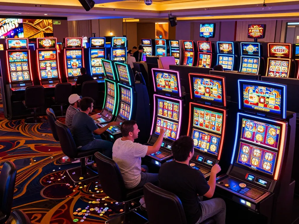 Players celebrating a win at situs slot machines with colorful displays and vibrant casino atmosphere.
