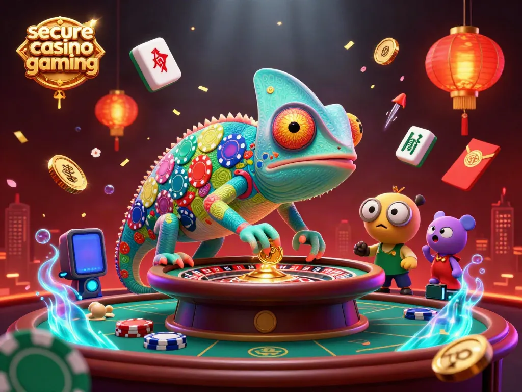 Engaging scene showcasing secure casino gaming with a chameleon casino owner amid vibrant casino elements.