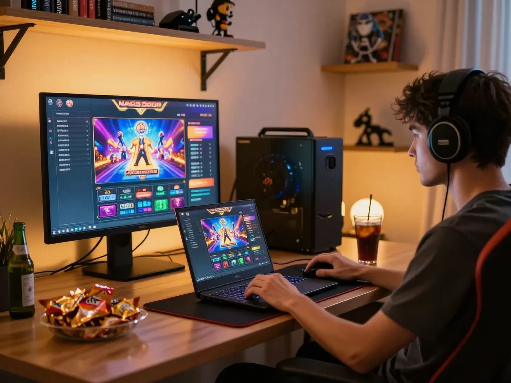 NAGA2000 online player immersed in strategic gaming with laptop and colorful game interface.