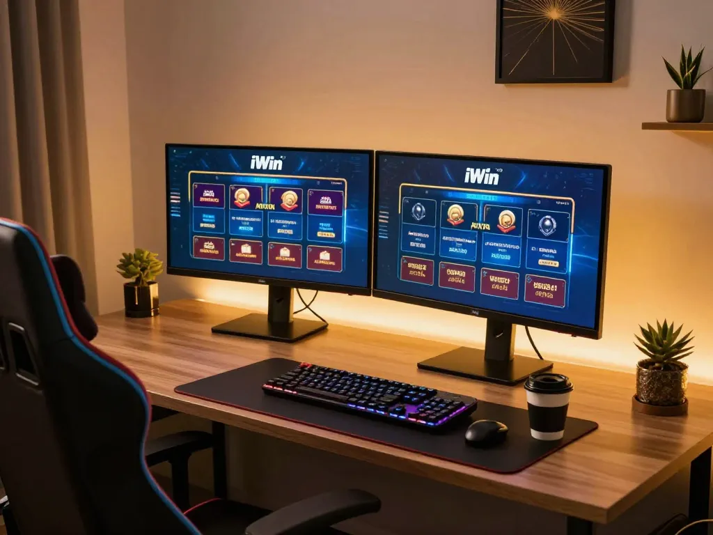 iWin players engaging with immersive online casino experience on modern dual-screen setup