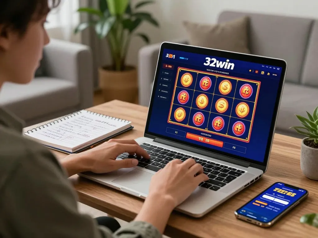 Gambling at home with 32win slot machines on laptop, showing strategies and casual atmosphere.