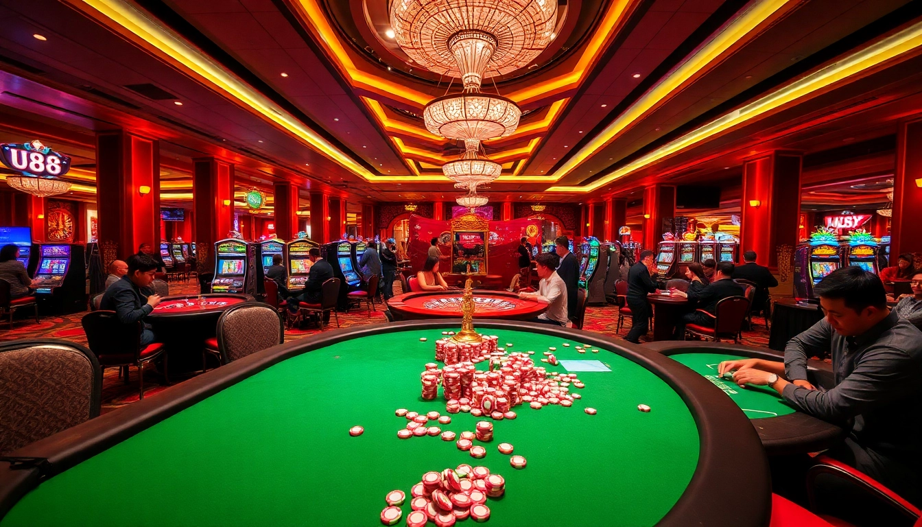 Engaging players at UU88 casino, featuring lively gaming tables and colorful slot machines.