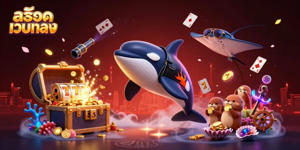 Experience สล็อตเว็บตรง with an exciting scene featuring an orca, stingray, and otters celebrating wins.