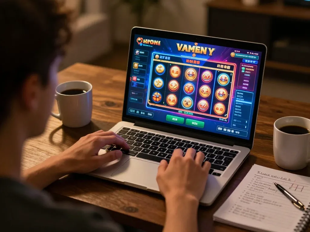 Pengguna Bintangmpo menikmati permainan slot online di laptop sambil mengelola catatan strategi.