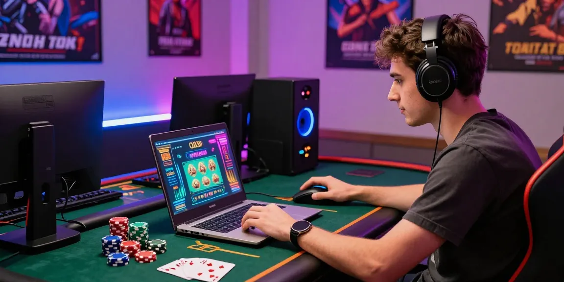 Engaging scene of a young man enjoying credit card casinos gaming experience on a laptop with colorful graphics.