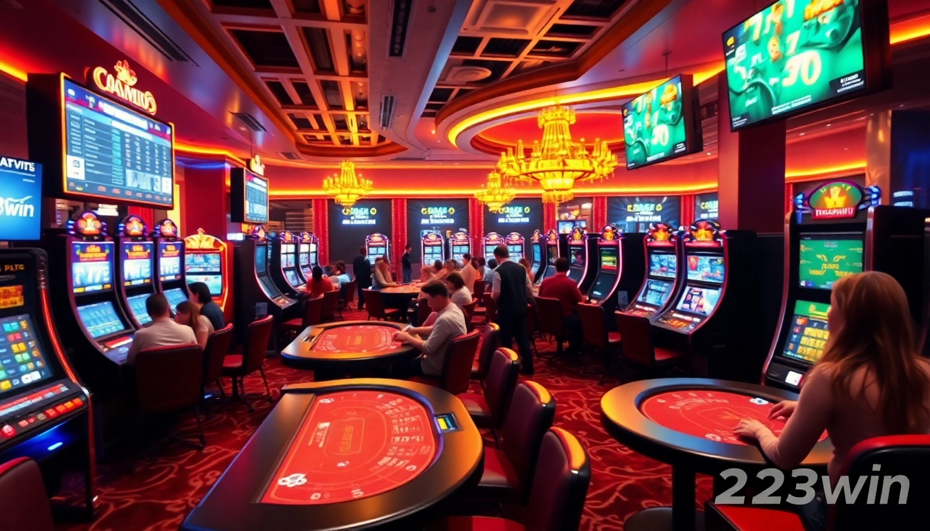 Exciting gaming atmosphere showcasing 23win online casino with vibrant slot machines and sports betting.
