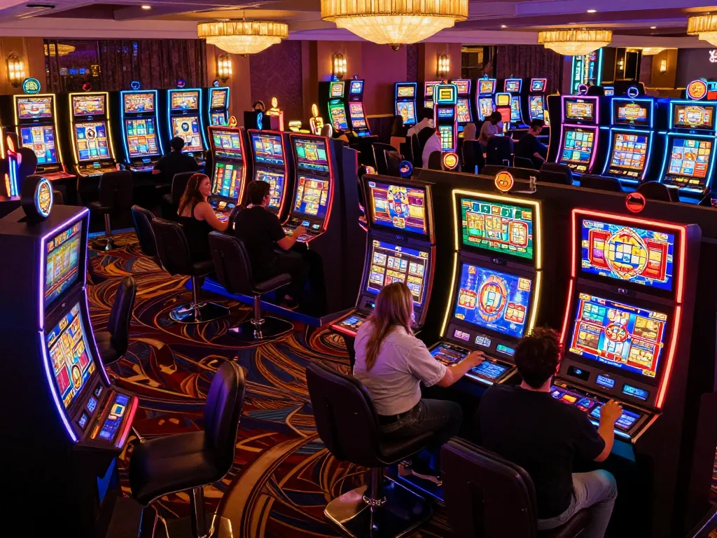 Players engaging in thrilling slot machine gameplay at RR88 casino, vibrant lights and excitement visible.