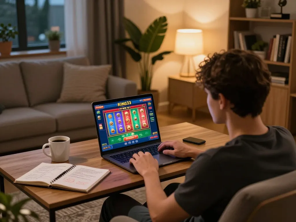 Engaging gameplay on king33 online casino interface in a cozy home setting, highlighting strategy and comfort.