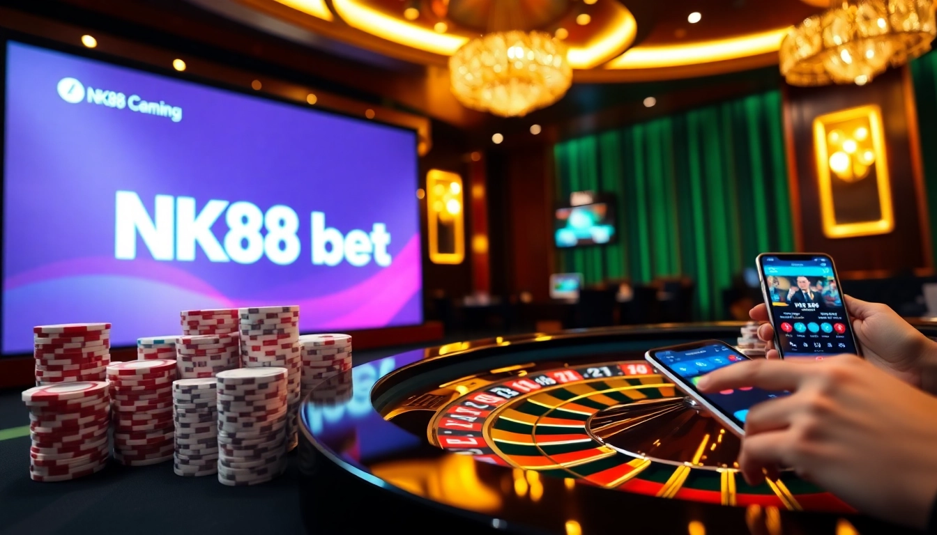 Engage in NK88 bet with professional poker chips, roulette wheel, and live betting interface