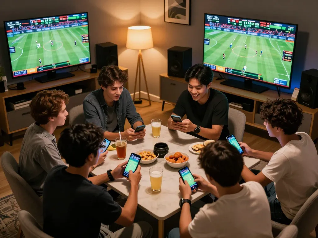 KÈO TRỰC TUYẾN sports betting action with friends placing bets in real-time at home.