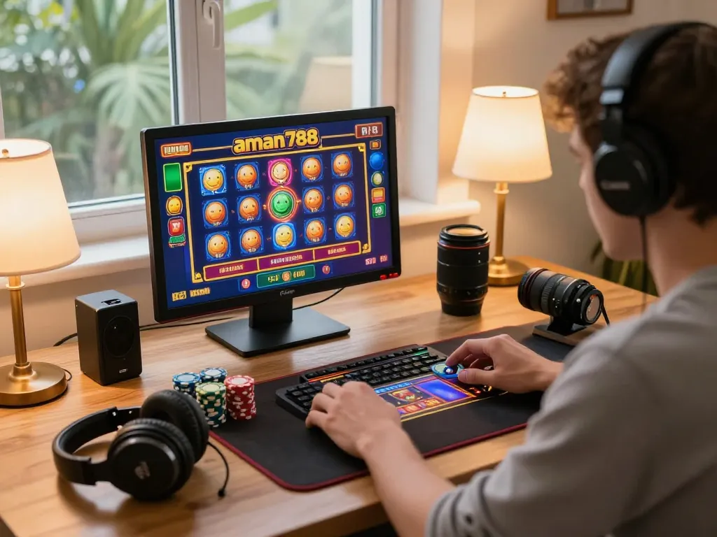 Pemain menikmati slot di aman788 dengan tablet selama sesi permainan di rumah yang nyaman.