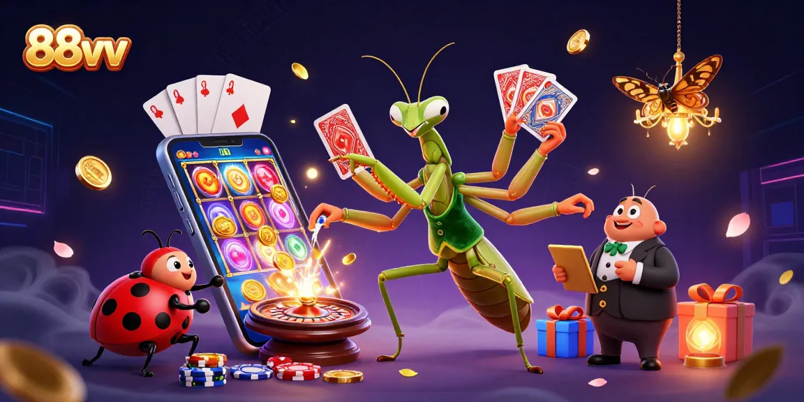88vv showcases a vibrant casino scene with a cartoon praying mantis dealer amidst vibrant game action.