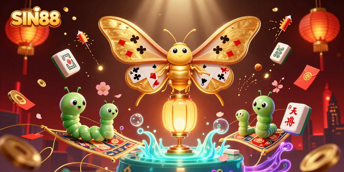 SIN88 enchants with vibrant casino themes, showcasing a cartoon moth amidst golden gaming elements.