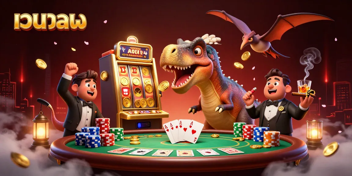 Engage with เว็บบอล as a pachycephalosaurus showcases a jackpot win at a casino slot machine amid a vibrant poker scene.