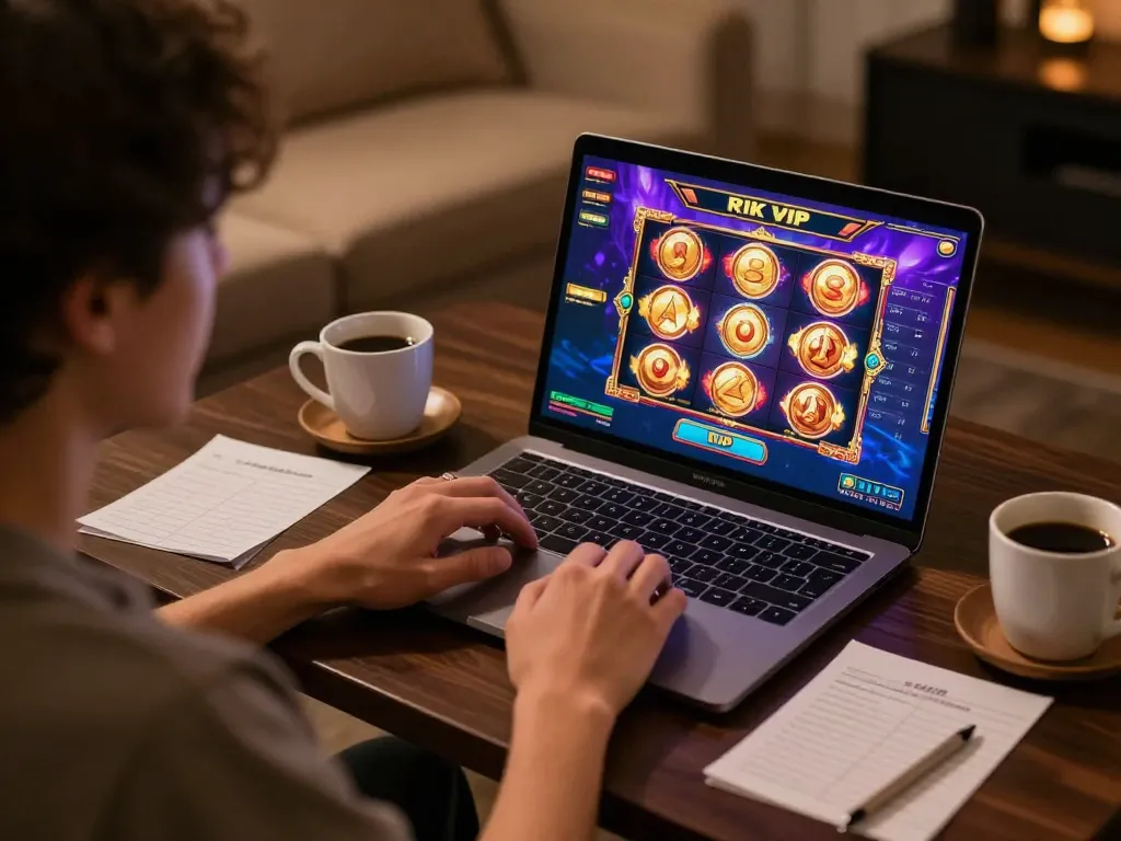 Enjoying an exciting rik vip online casino game on laptop with warm ambiance and strategy notes.