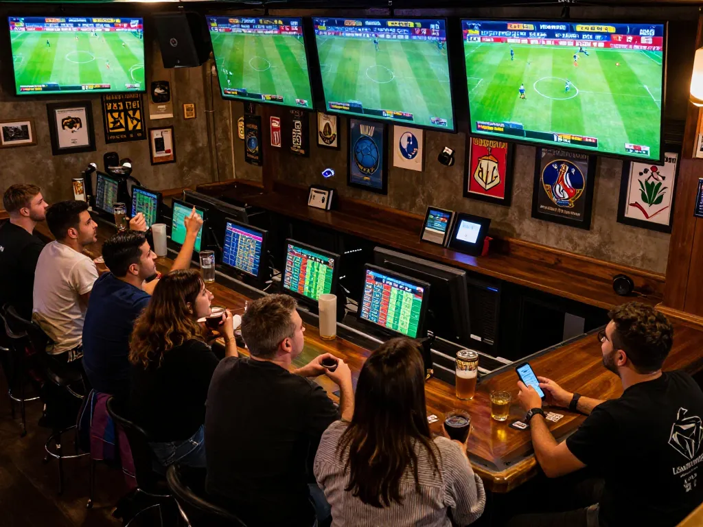 Soi Kèo displayed on multiple screens in a lively sports bar as patrons place bets on matches.