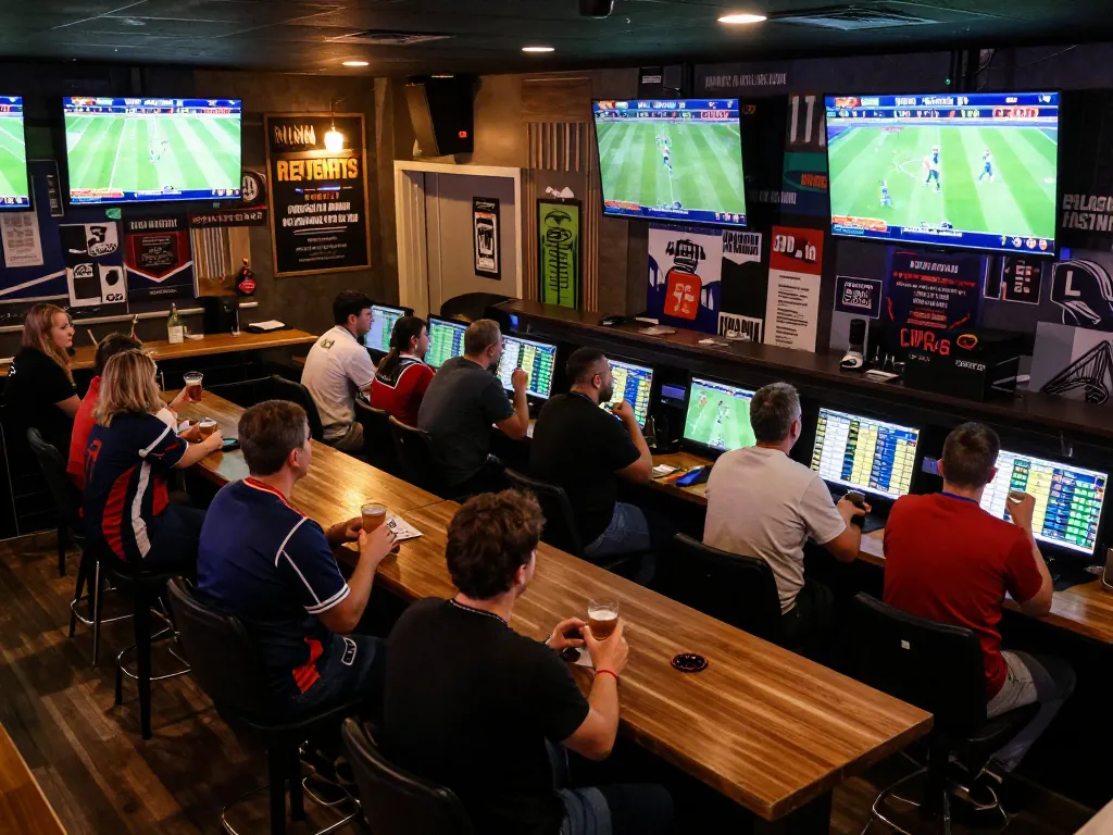 Engaging sports betting atmosphere at a bar showcasing Keo nha cai 5 on multiple screens with enthusiastic fans.