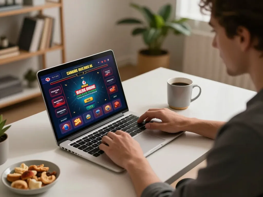 Gamer analyzing strategies at Canada online casinos with laptop and snacks