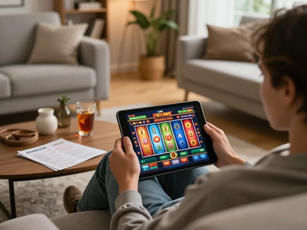 Engaging online game session on open888, showcasing a vibrant slot game interface on a tablet.