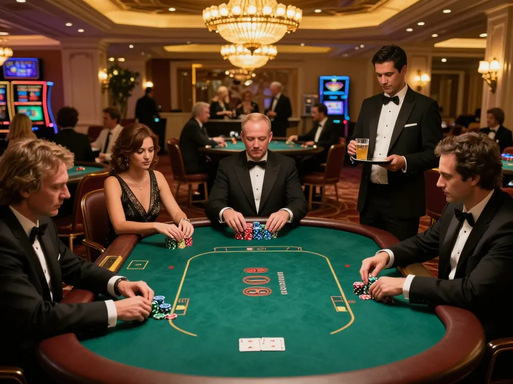 Players enjoying a competitive game of poker in a luxury casino setting, featuring Da88 styled gameplay.