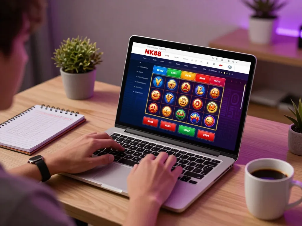 Engaging with NK88 COM for exciting slots gameplay on a laptop at home