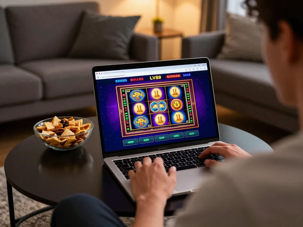 Engaging gameplay on LV88 online casino, showcasing vibrant slot interface and relaxed home setting.