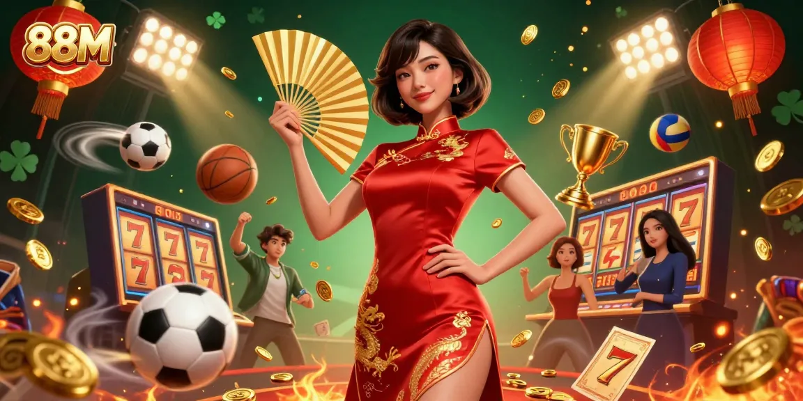 Engage with the 88M online casino experience featuring vibrant characters, gold coins, and rich casino elements.