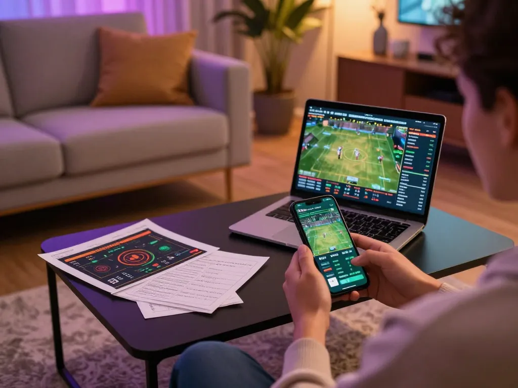 Engaging in sports betting through FB88 app with lively mobile setup in modern home