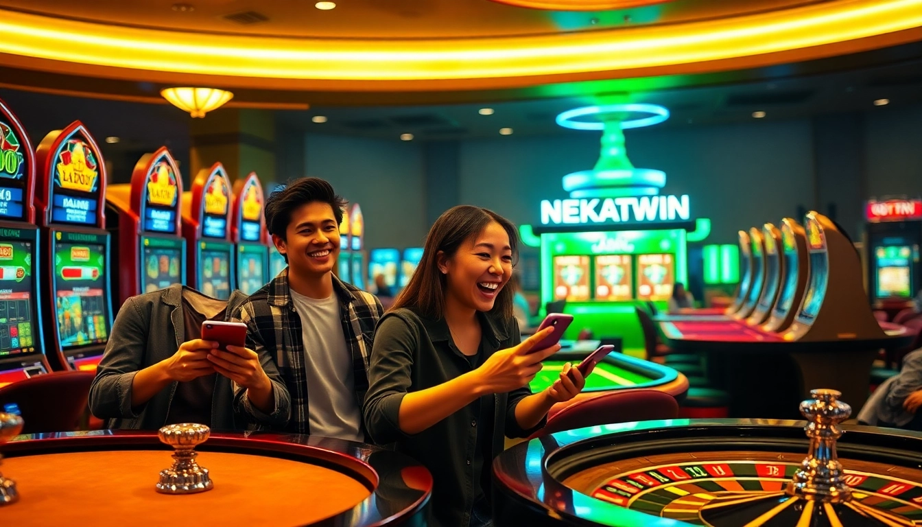 Experience thrilling gameplay at NEKATWIN as players spin for scatter wins in this vibrant casino setting.