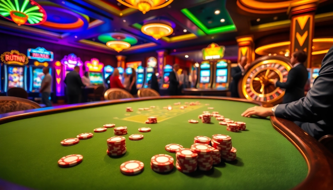 RAJALUCK players enjoy intense poker action and exciting slot machines in a vibrant casino atmosphere.