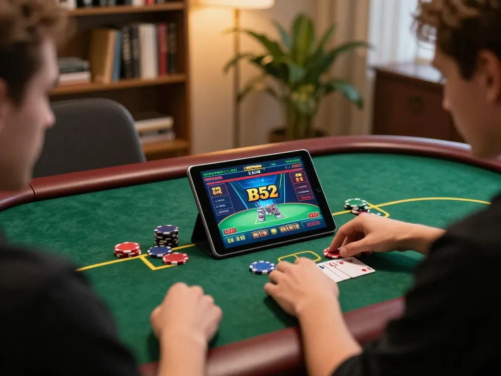 Player enjoying a dynamic B52 poker game online, showcasing interactive gameplay on a tablet.