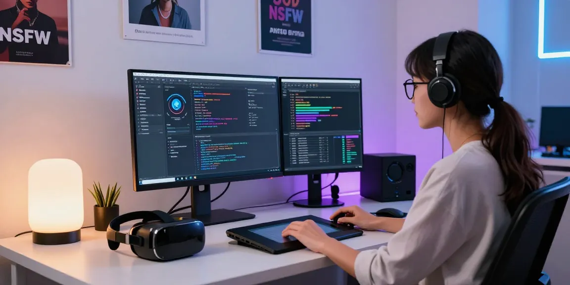 Innovative NSFW AI development workspace highlighting user engagement metrics and software interface in a vibrant tech environment.