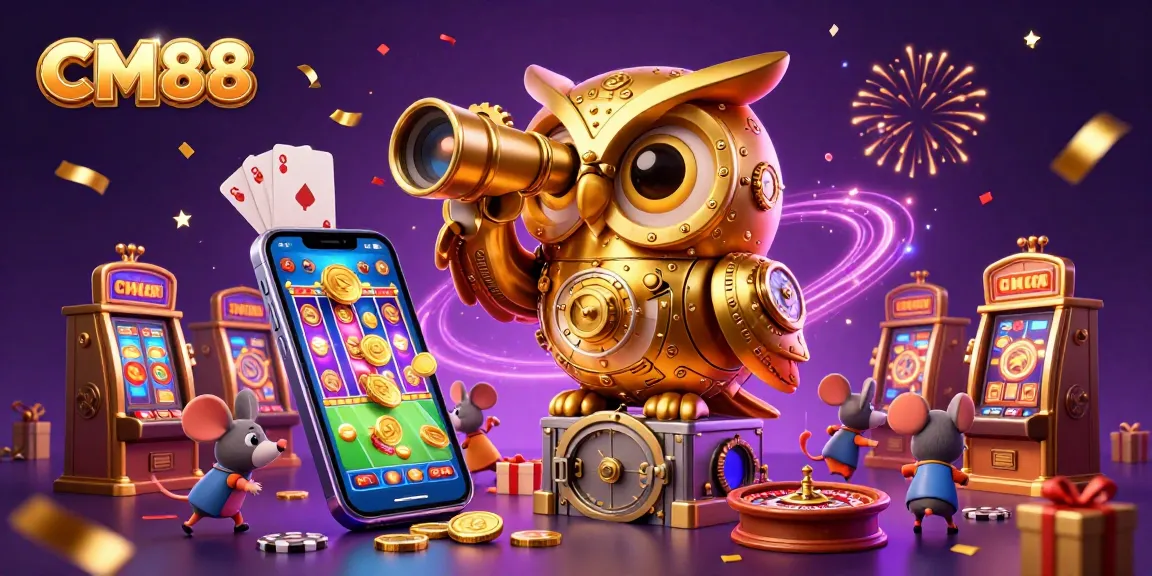 Experience vibrant gaming excitement at CM88 with a whimsical casino scene featuring a golden owl and playful mice.