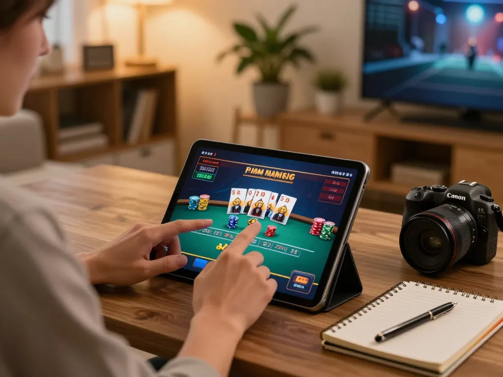Engaging in online gaming at home with uu88, showcasing a player's tablet with poker action.