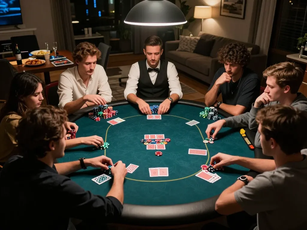 Friends enjoying competitive poker night at home, featuring xx88 boston atmosphere, strategic gameplay and social bonding