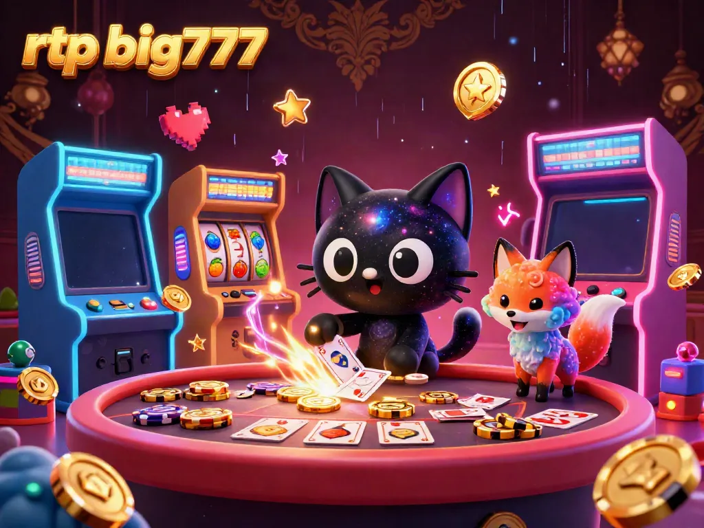 Win big with rtp big777 as a cosmic black hole cat attracts golden casino chips in a vibrant gaming scene.