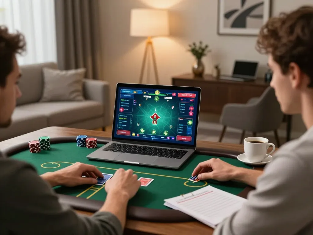 Pemain yang terlibat dalam permainan poker online MAHKOTA777 di laptop ramping dalam pengaturan modern yang nyaman.