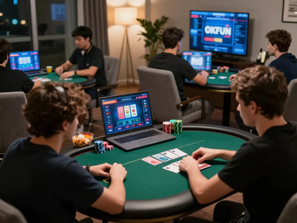 Players engaging in an intense online game at OKFUN while strategizing their bets
