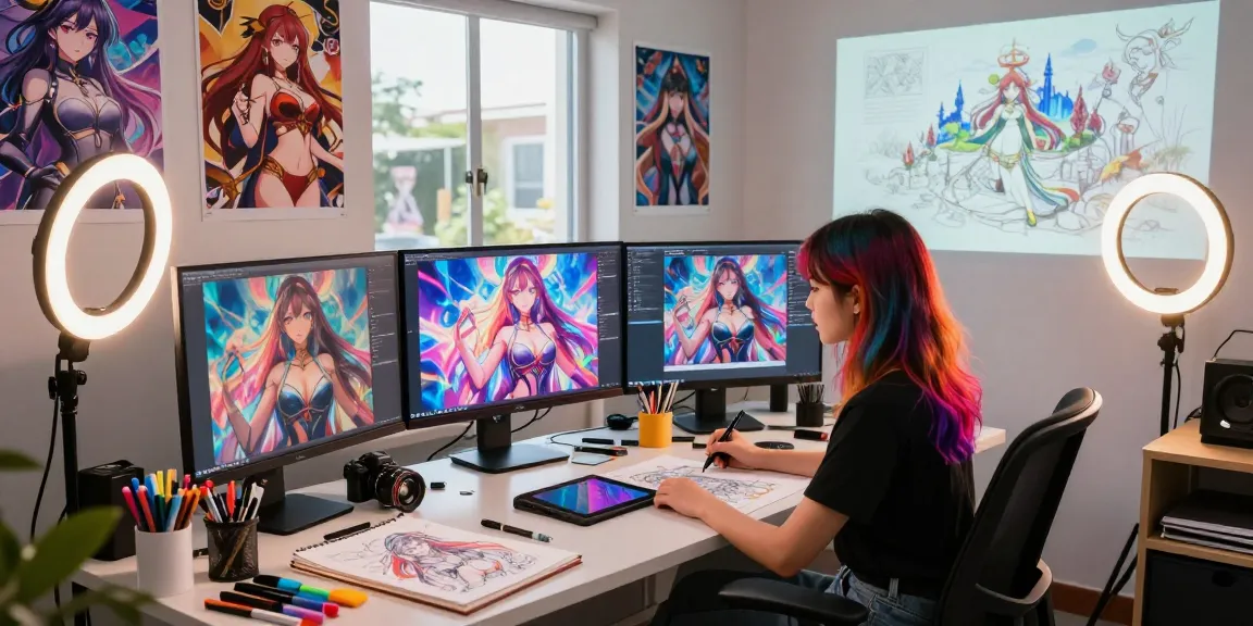 AI-generated hentai illustration creation in a vibrant digital art studio, showcasing creativity.