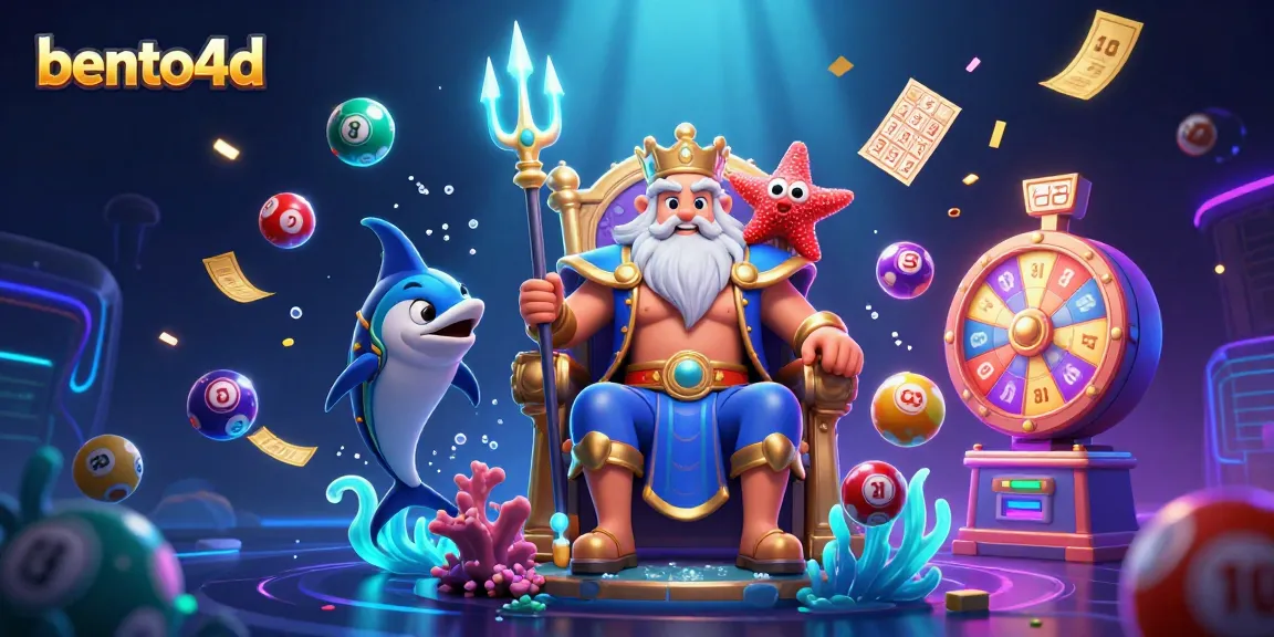 Bento4D menampilkan aksi lotere yang hidup dengan Neptunus dan elemen permainan dinamis dalam ilustrasi 3D.