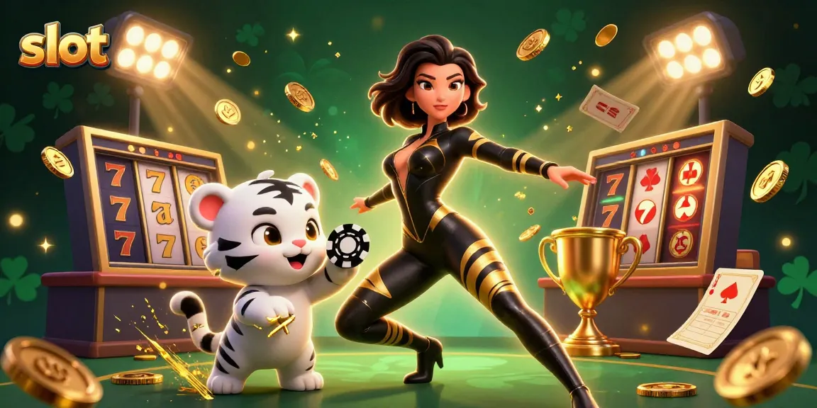 Spin exciting slot games with a stunning woman and cute tiger amidst dynamic casino elements.