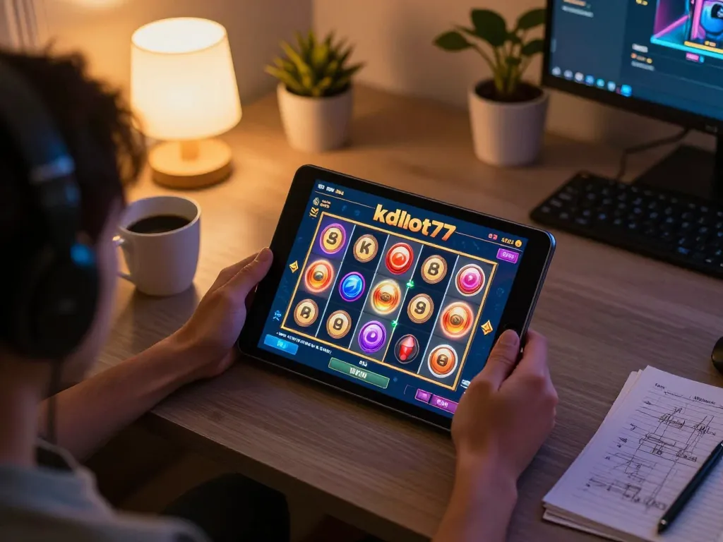 Engaging in intense gameplay on kdslot77 slot game interface from a cozy home setting.