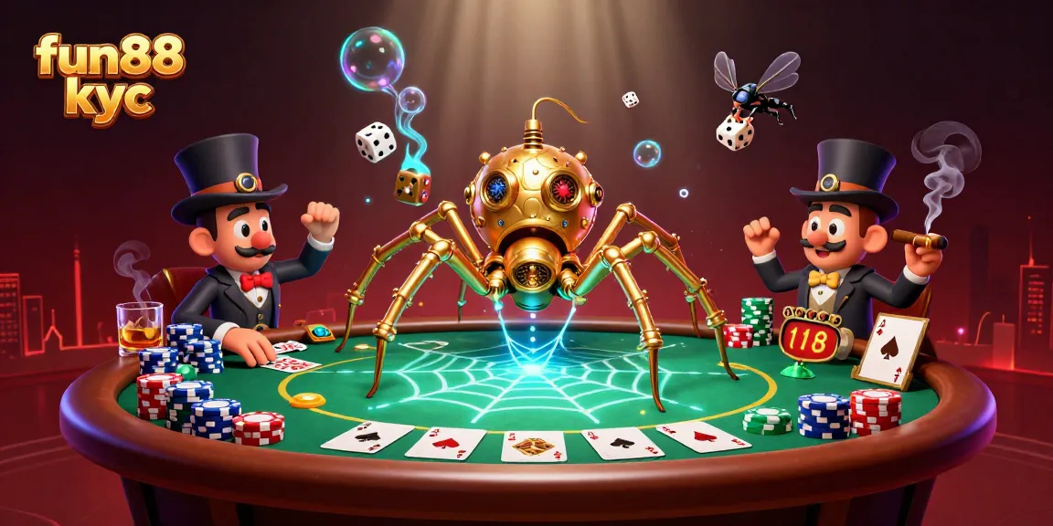 Cá cược tại Fun88 KYC với biểu tượng nhện steampunk bắt xúc xắc, tạo bầu không khí hấp dẫn cho người chơi.