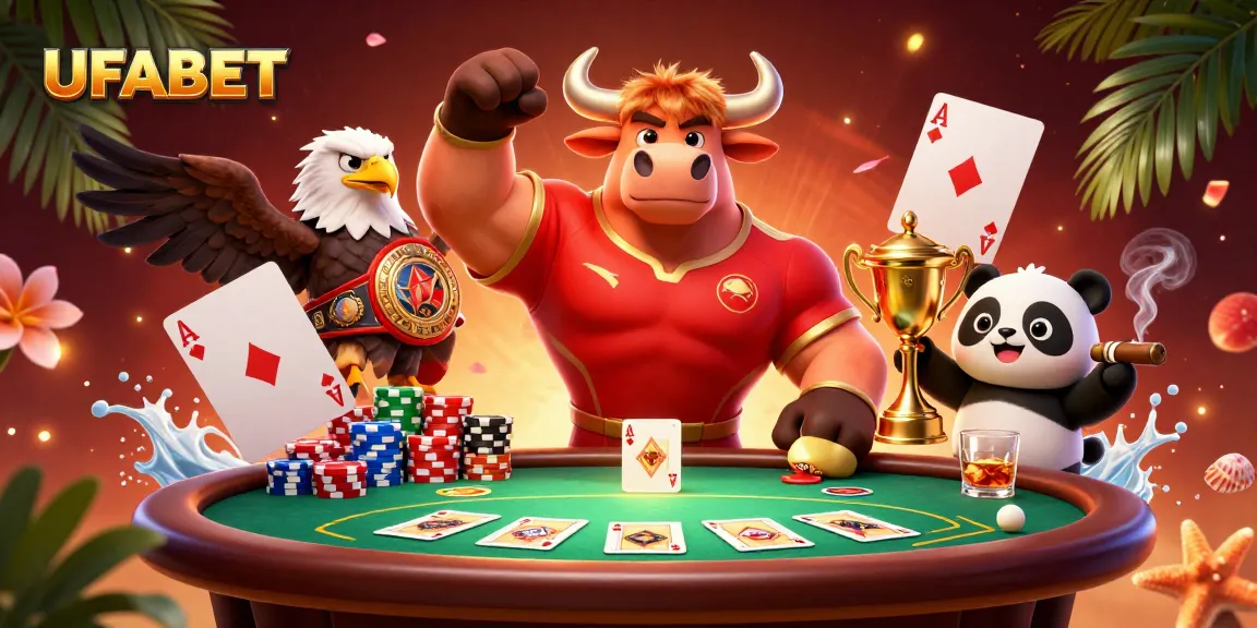 Win big at UFABET with a powerful bull mascot, a champion eagle, and trophy-winning panda in a vibrant casino scene