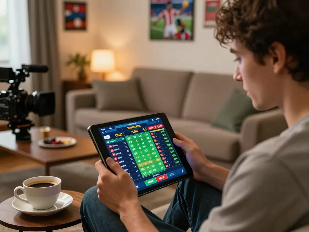 Engaging home sports betting scene with nhà cái fly88 tablet displaying odds in warm inviting atmosphere