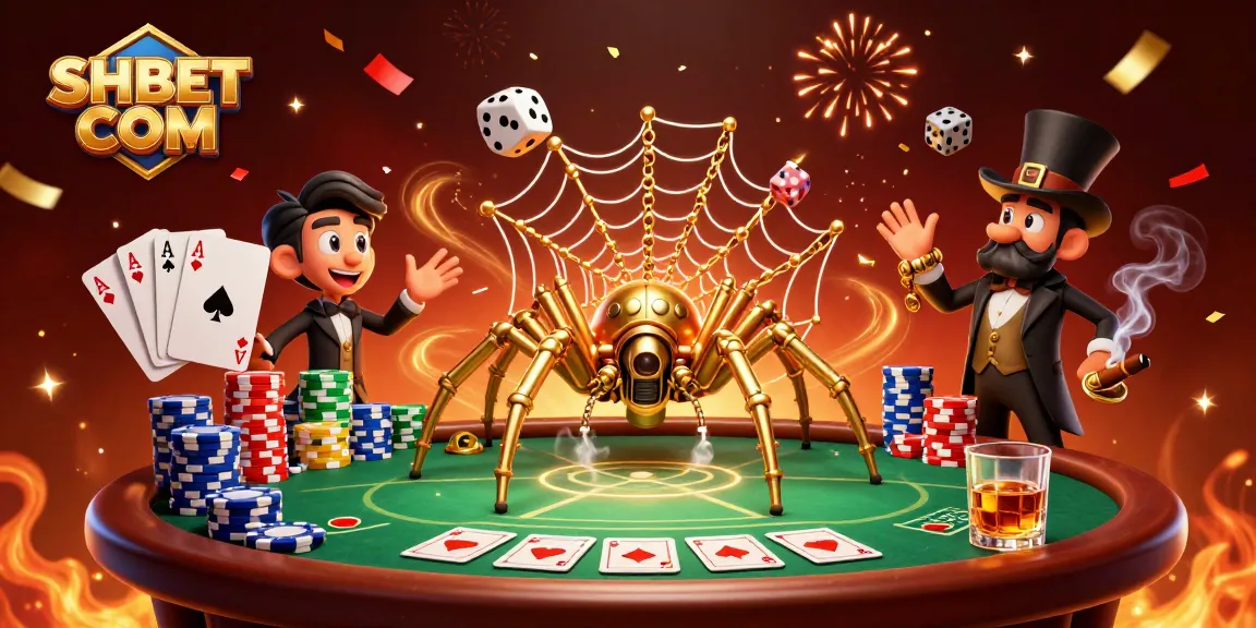 Experience the thrill of SHBET COM with an intricate steampunk spider illustration catching dice!