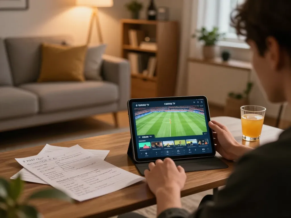 Engaging user enjoying live football streaming on cakhia tv with cozy home lighting.