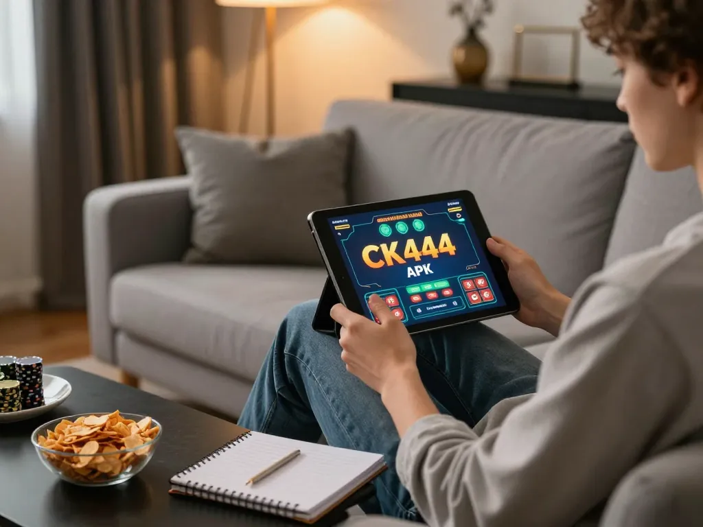 Engaging with CK444 APK for online casino gaming in a cozy home setting.