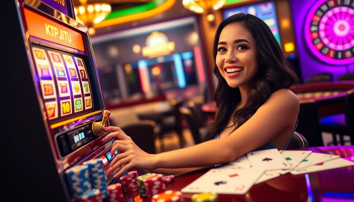 KTP JITU player celebrating a jackpot win at a luxurious slot machine in a vibrant casino.