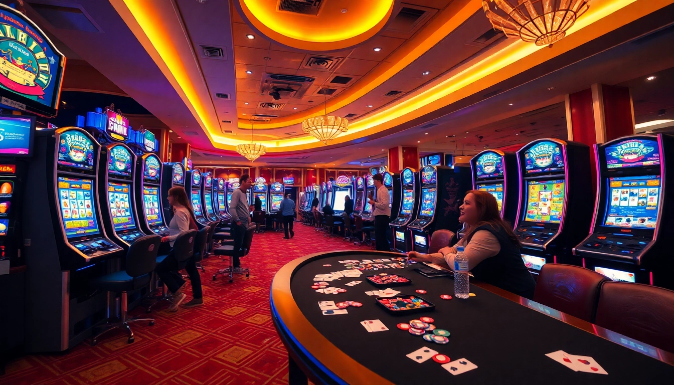 Bermain judi di situs gacor dengan mesin slot berwarna-warni dan pemain yang antusias.